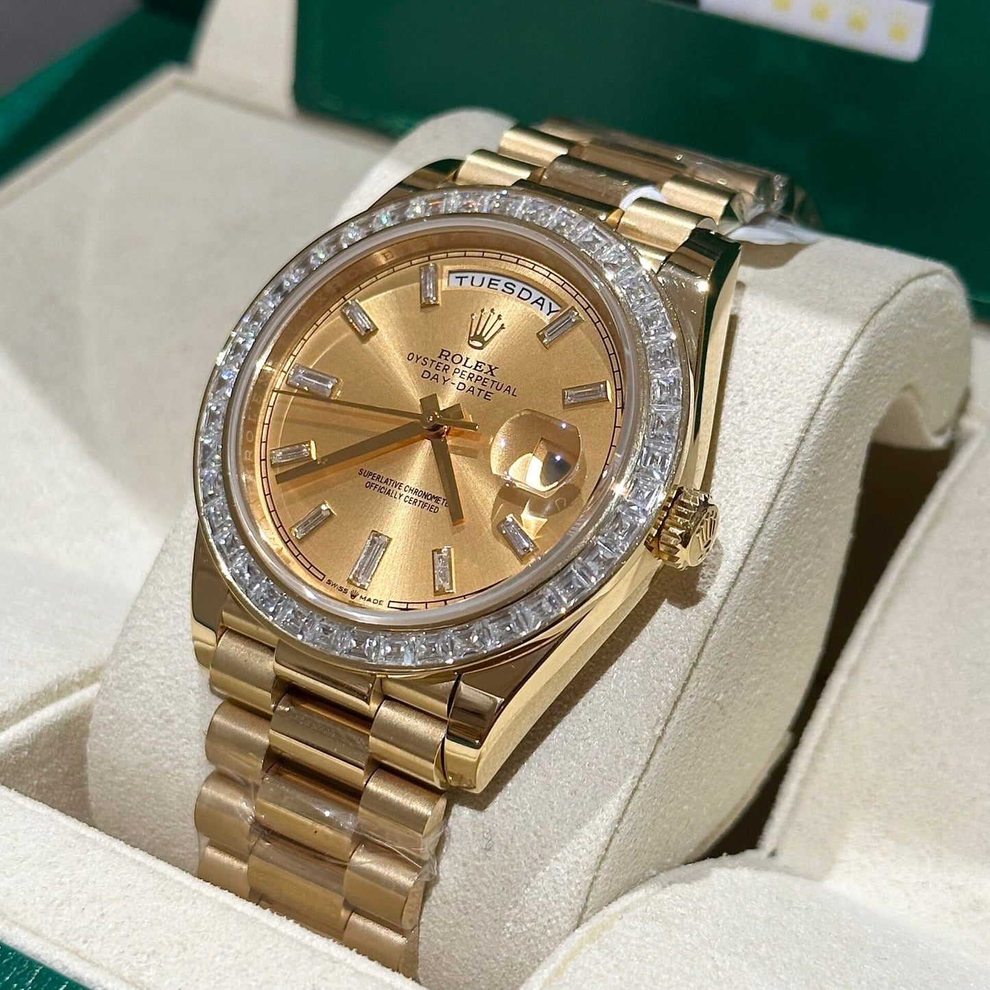 Rolex Day-Date Replica Watch Gold Wrapped Moissanite Baguette Diamond 40mm Clone