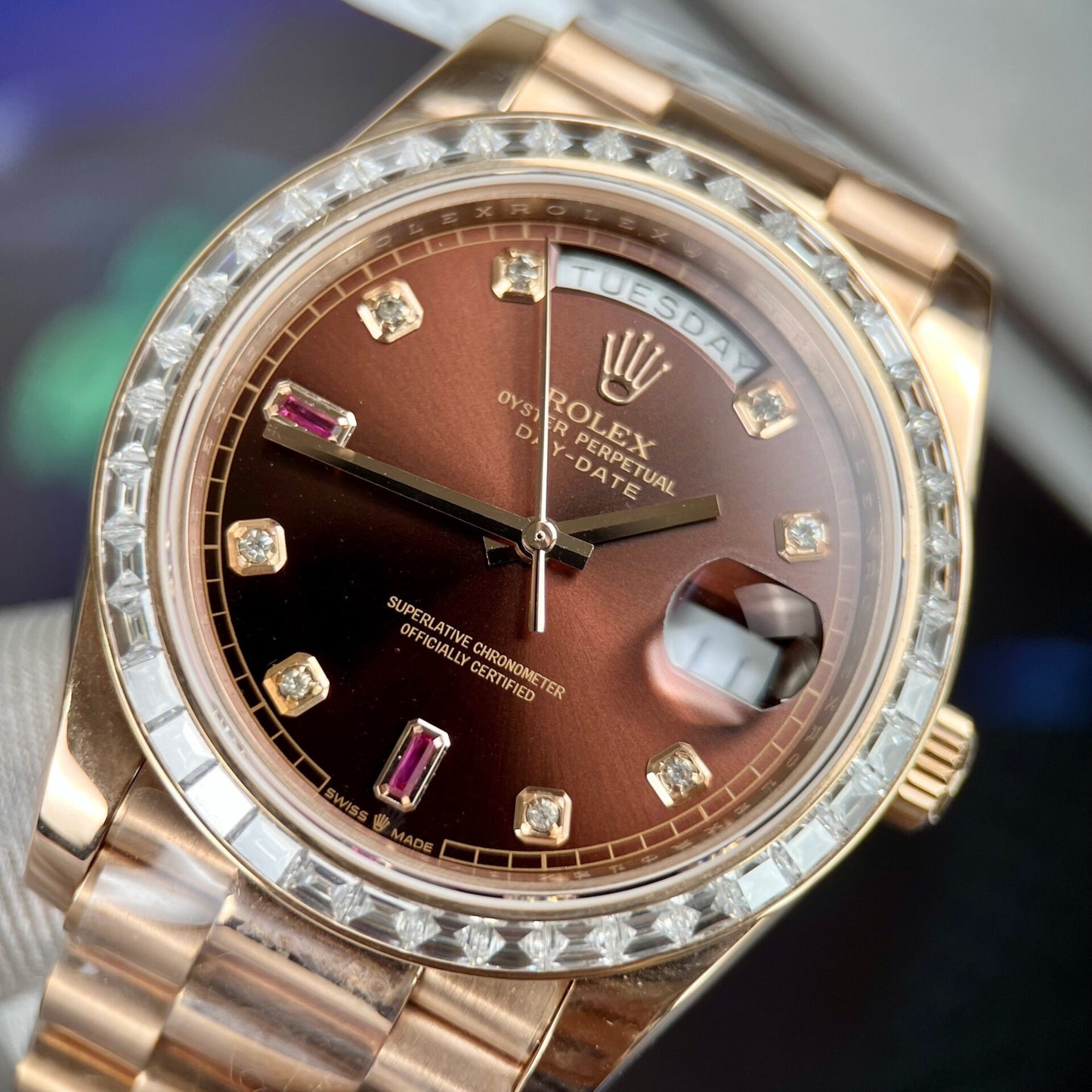 Rolex Day-Date Gold Wrapped Replica Watch With Moissanite Ruby Red Diamond 40mm Clone