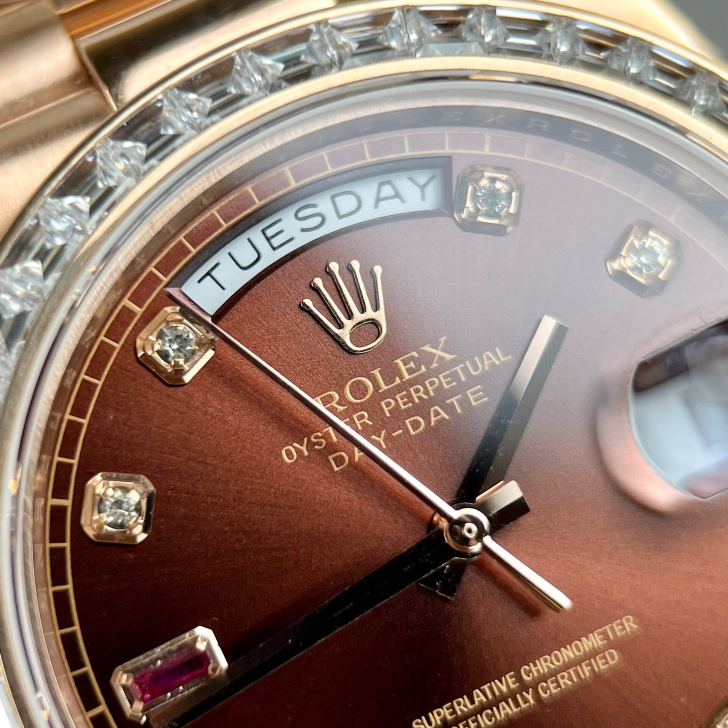 Rolex Day-Date Gold Wrapped Replica Watch With Moissanite Ruby Red Diamond 40mm Clone