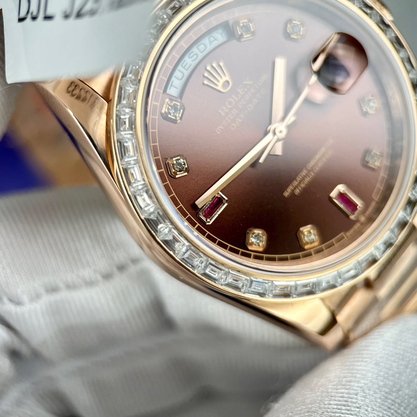 Rolex Day-Date Gold Wrapped Replica Watch With Moissanite Ruby Red Diamond 40mm Clone