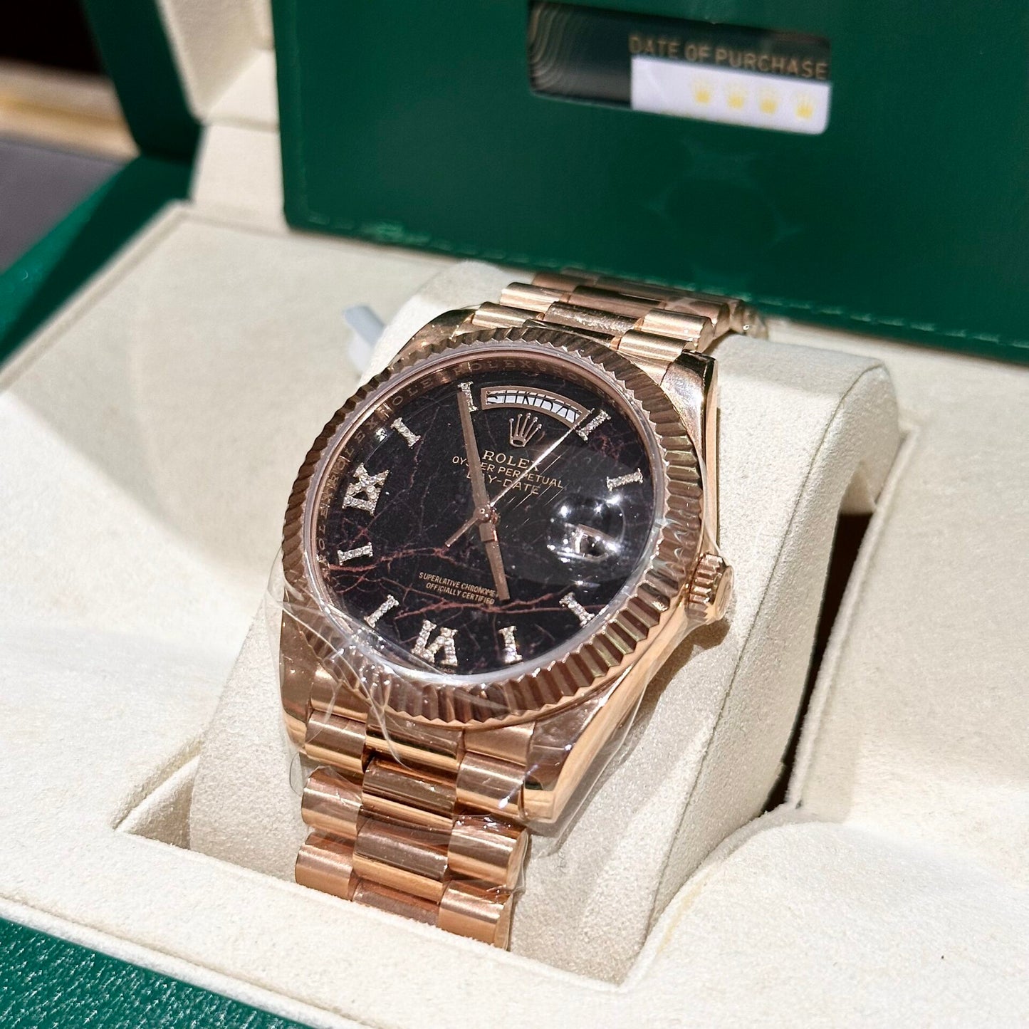 Rolex Day-Date Rose Gold Wrapped Lava Dial 40mm Clone