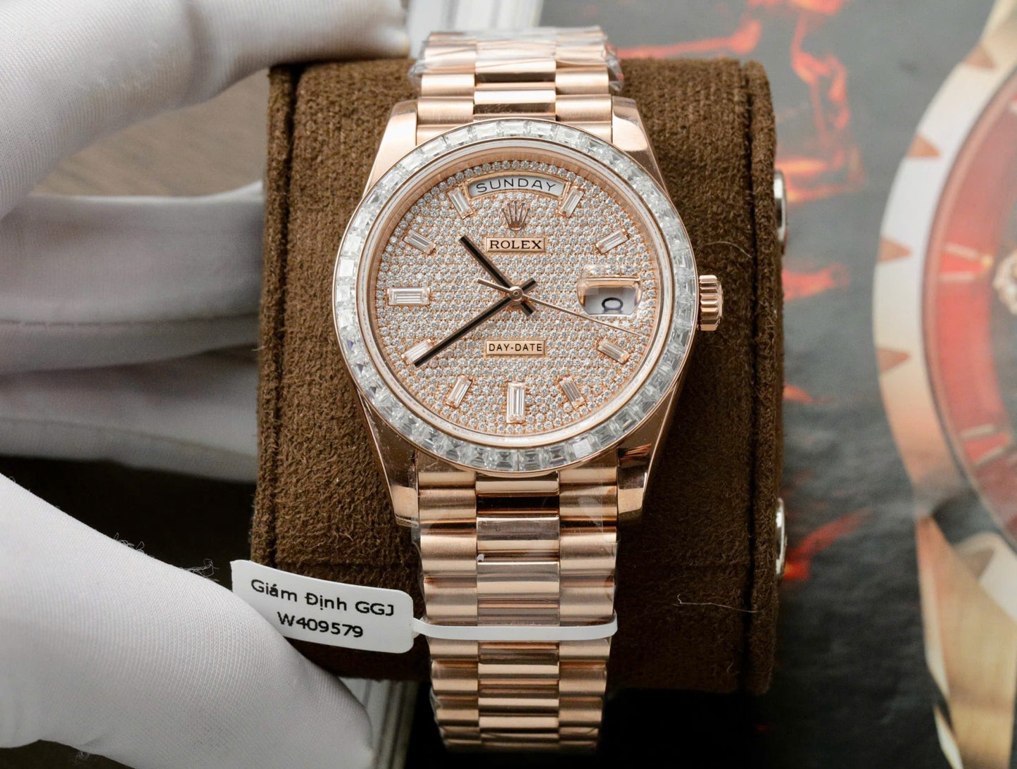 Rolex Day-Date Gold Wrapped + Moissanite Baguette Diamonds Replica Watch GMF 40mm Clone