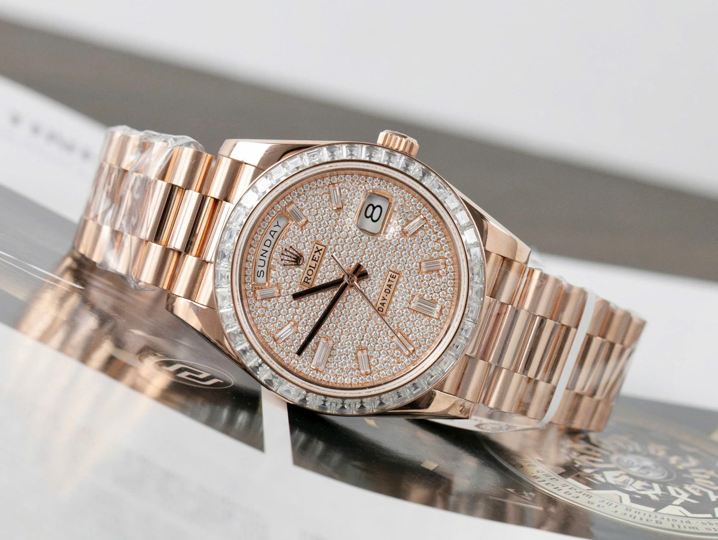 Rolex Day-Date Gold Wrapped + Moissanite Baguette Diamonds Replica Watch GMF 40mm Clone