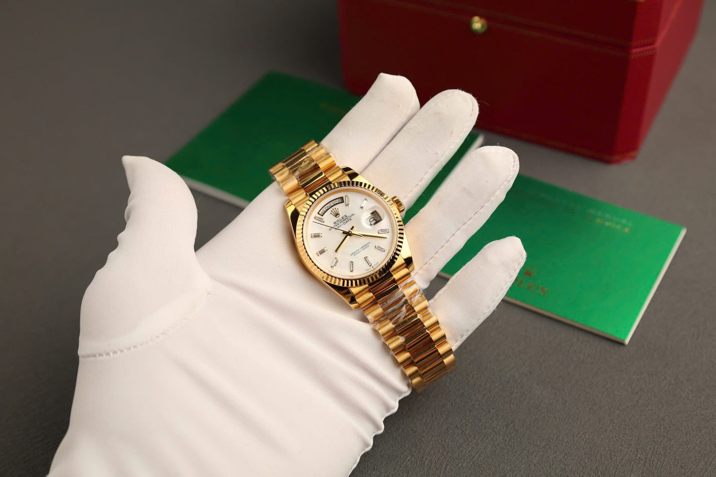 Rolex Day-Date Replica Watch Dial Mother Of Pearl Custom Gold Wrapped 36mm Clone