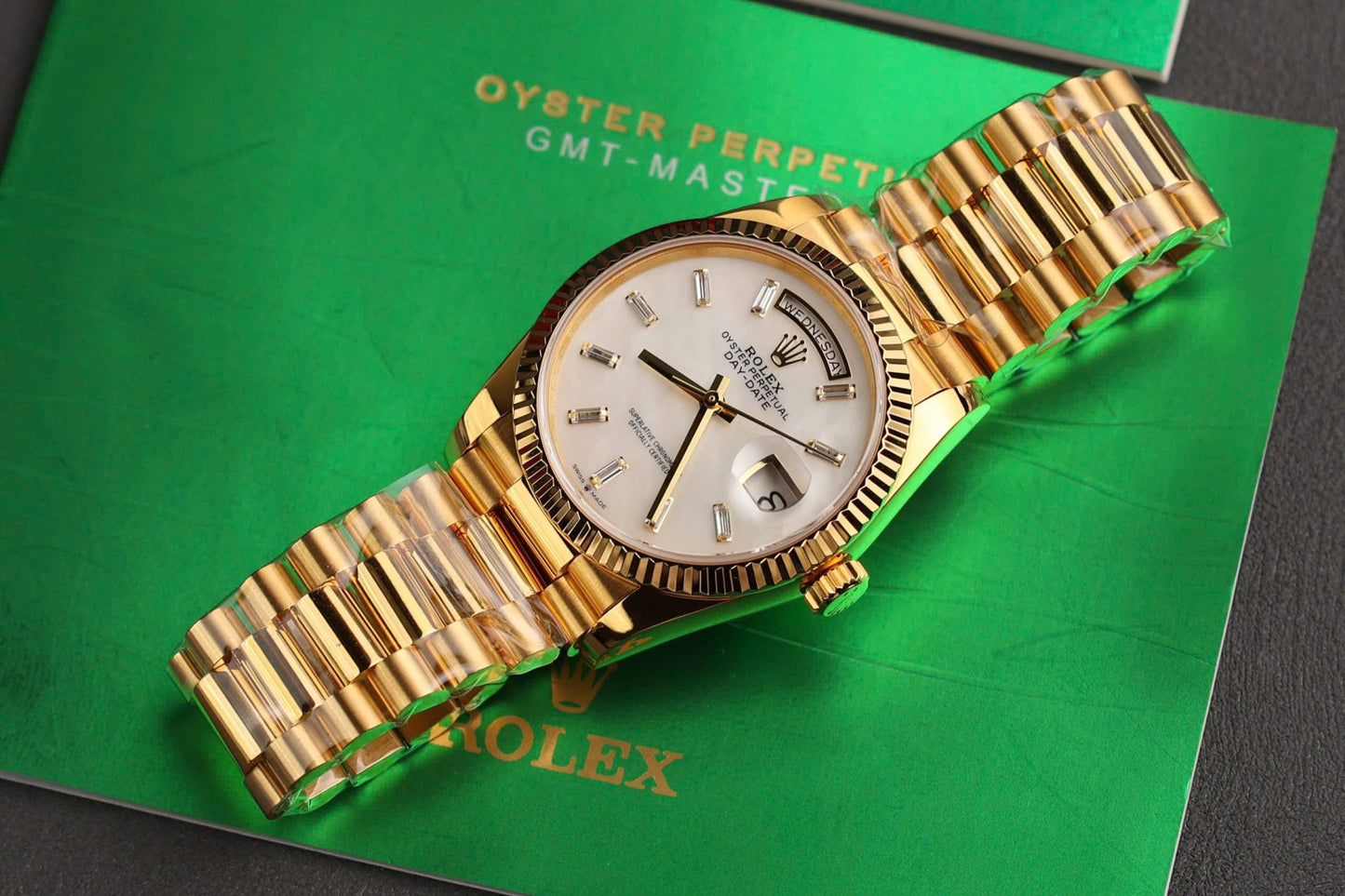 Rolex Day-Date Replica Watch Dial Mother Of Pearl Custom Gold Wrapped 36mm Clone