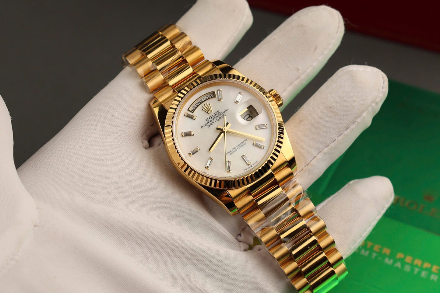 Rolex Day-Date Replica Watch Dial Mother Of Pearl Custom Gold Wrapped 36mm Clone