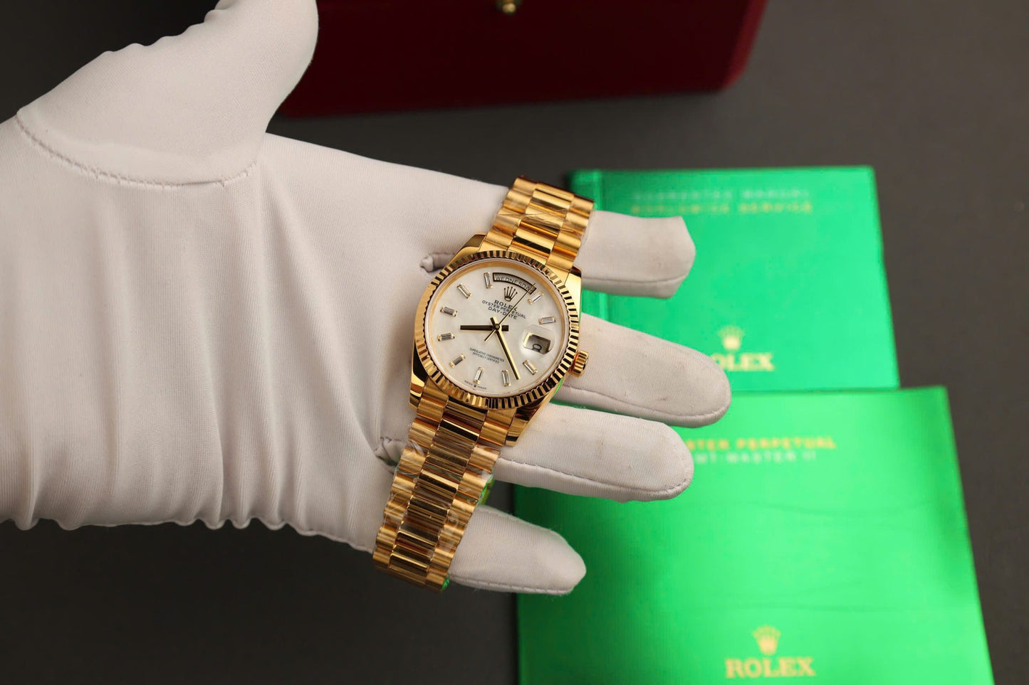 Rolex Day-Date Replica Watch Dial Mother Of Pearl Custom Gold Wrapped 36mm Clone