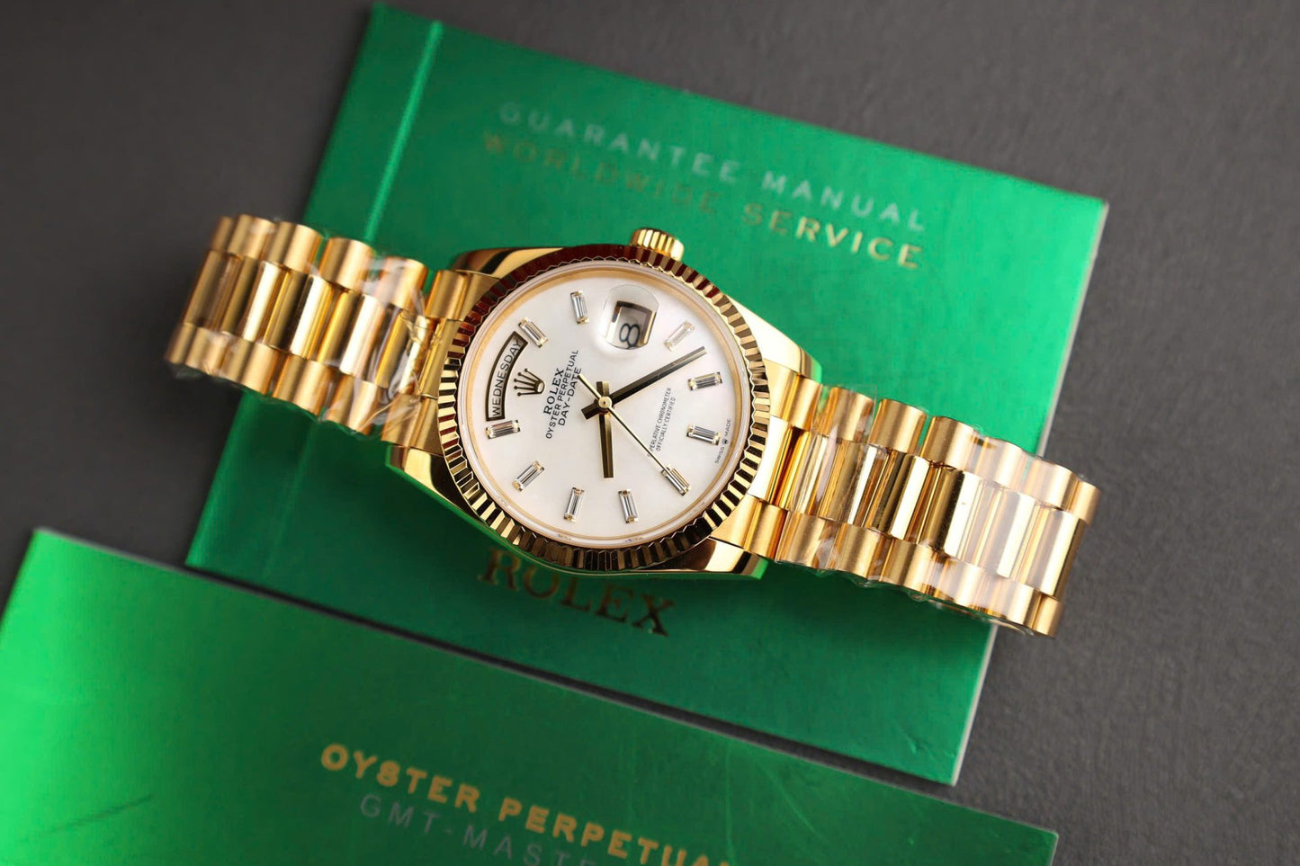 Rolex Day-Date Replica Watch Dial Mother Of Pearl Custom Gold Wrapped 36mm Clone