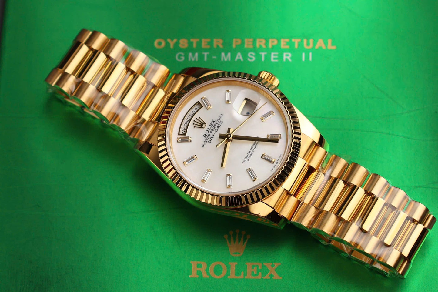 Rolex Day-Date Replica Watch Dial Mother Of Pearl Custom Gold Wrapped 36mm Clone