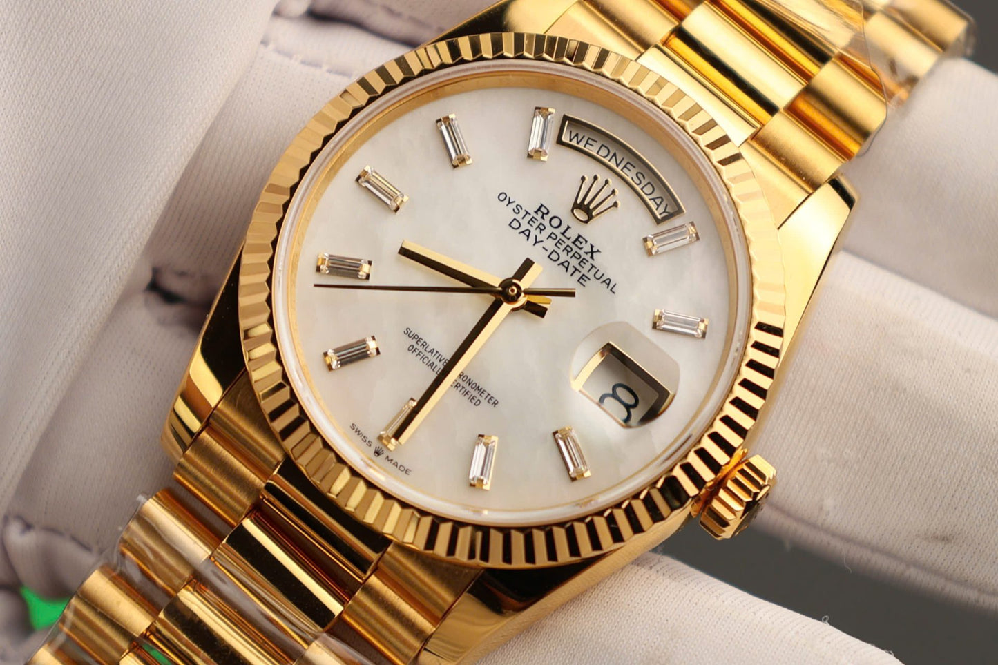 Rolex Day-Date Replica Watch Dial Mother Of Pearl Custom Gold Wrapped 36mm Clone