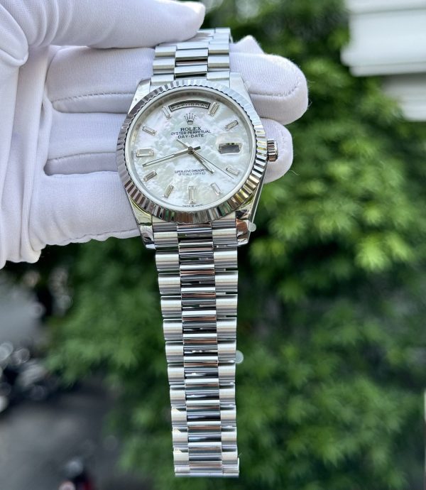 Rolex Day-Date Replica Watch Custom Mother Of Pearl & Moissanite Diamonds Baguetee 40mm Clone