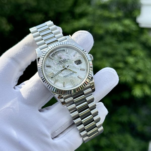 Rolex Day-Date Replica Watch Custom Mother Of Pearl & Moissanite Diamonds Baguetee 40mm Clone