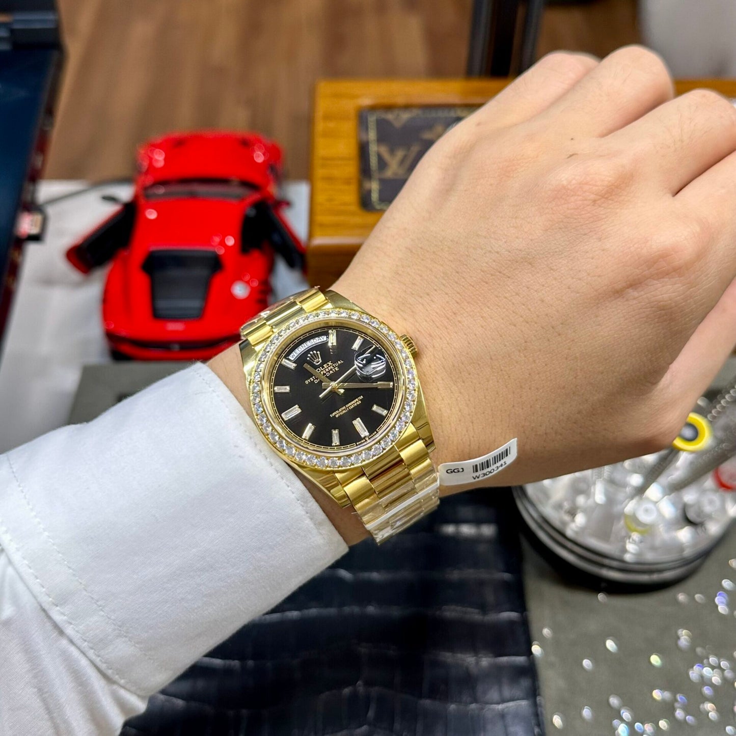 Rolex Day-Date Watch Black Dial Moissanite Diamonds Custom 40mm Clone