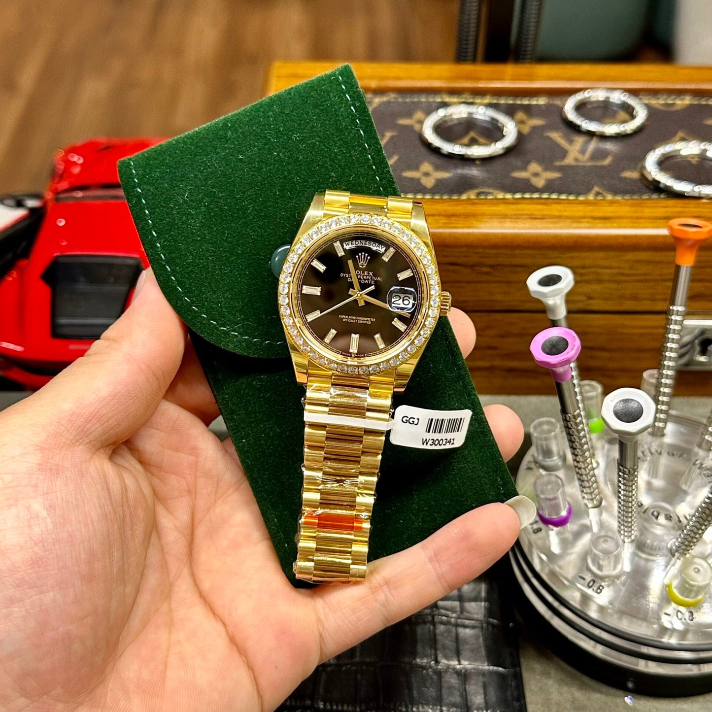 Rolex Day-Date Watch Black Dial Moissanite Diamonds Custom 40mm Clone