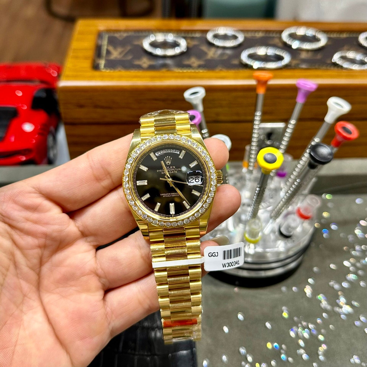 Rolex Day-Date Watch Black Dial Moissanite Diamonds Custom 40mm Clone