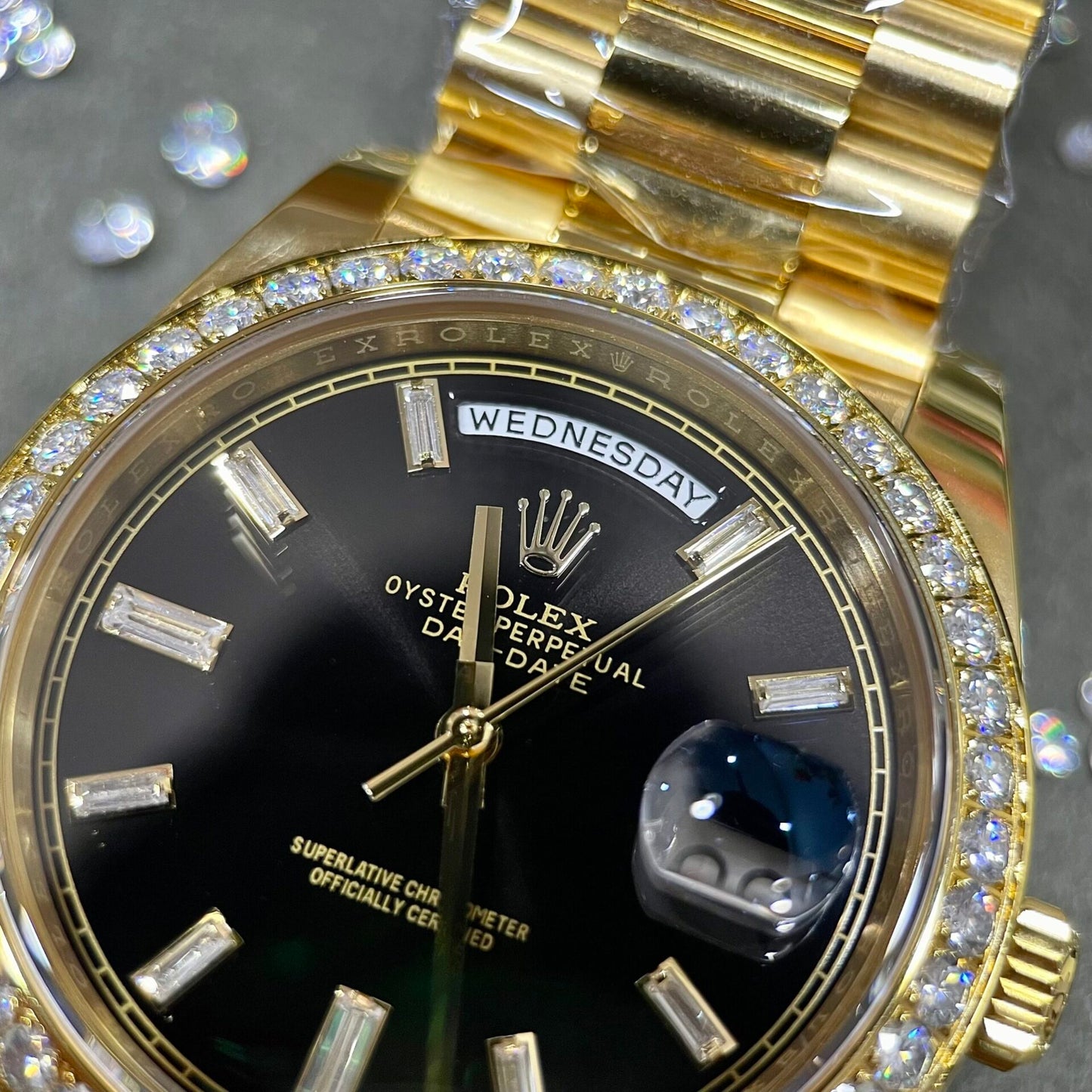 Rolex Day-Date Watch Black Dial Moissanite Diamonds Custom 40mm Clone