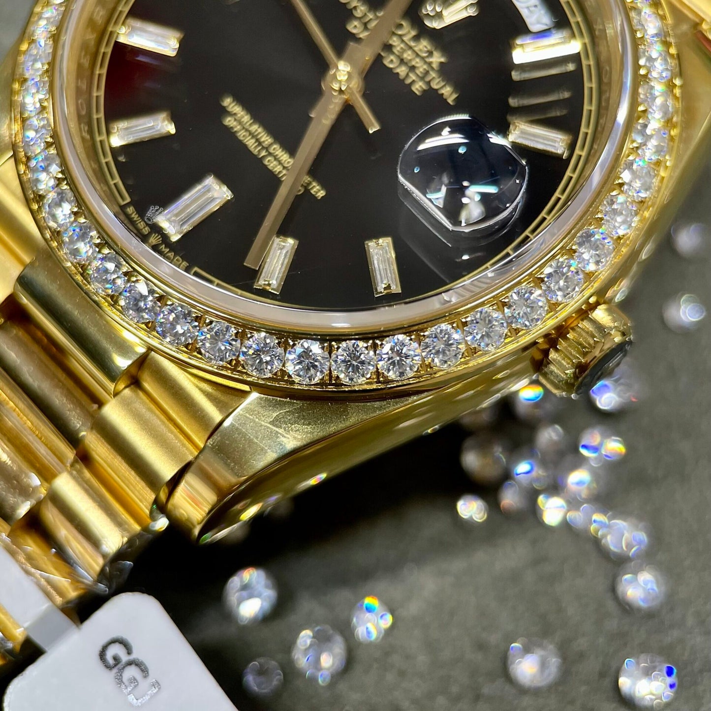 Rolex Day-Date Watch Black Dial Moissanite Diamonds Custom 40mm Clone