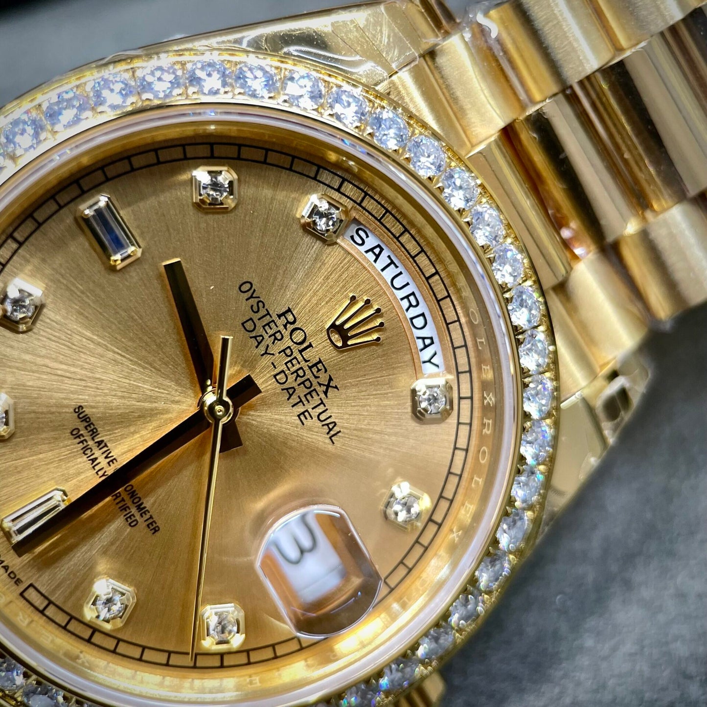 Rolex Day-Date Yellow Dial Custom Moissanite Diamonds 40mm Clone