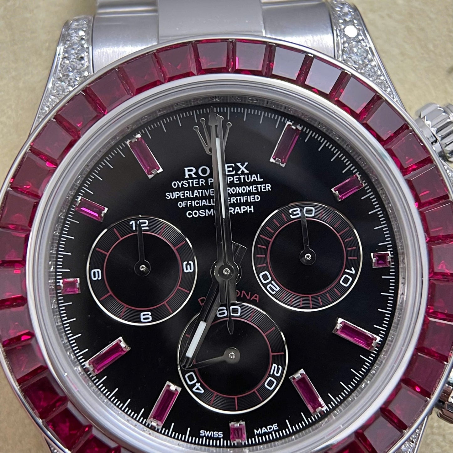 Rolex Daytona Replica Watch Custom 18K Solid White Gold Baguette Diamonds 40mm Clone