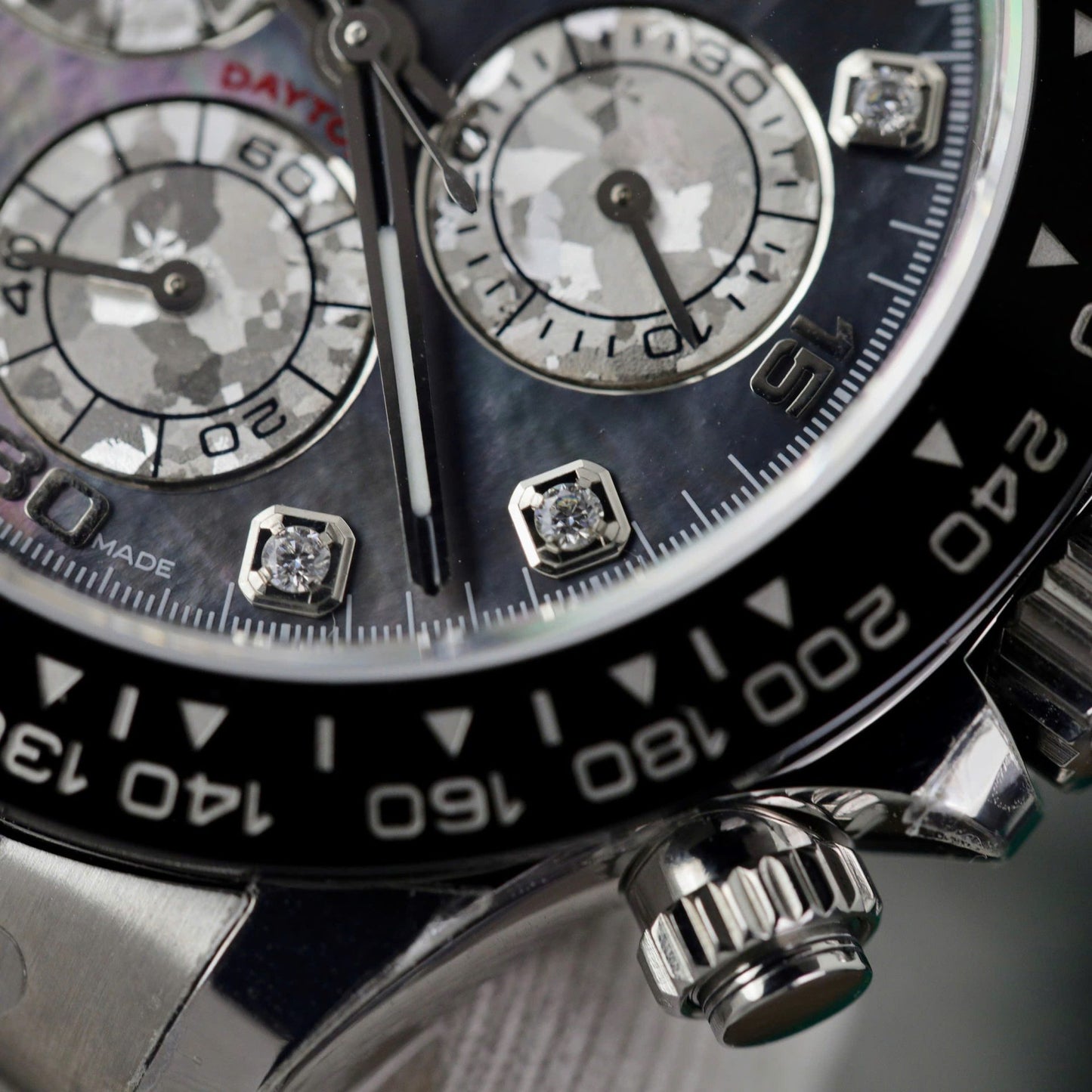Rolex Daytona Replica Watch Dial Mother Of Pearl Custom Moissanite Diamonds 40mm Clone