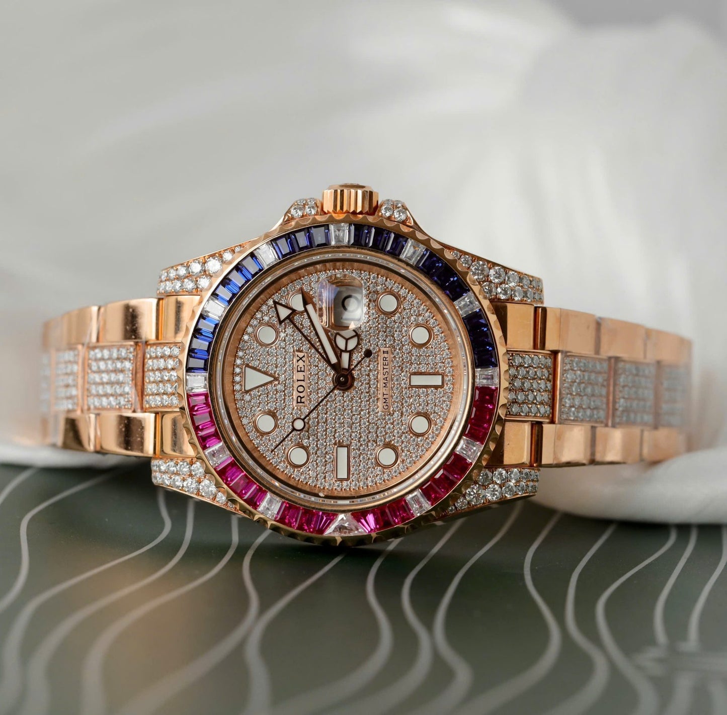 Rolex GMT-Master II 126755 SARU-DIAO Gold Wrapped Moissanite Sapphire Replica Watch 40mm Clone