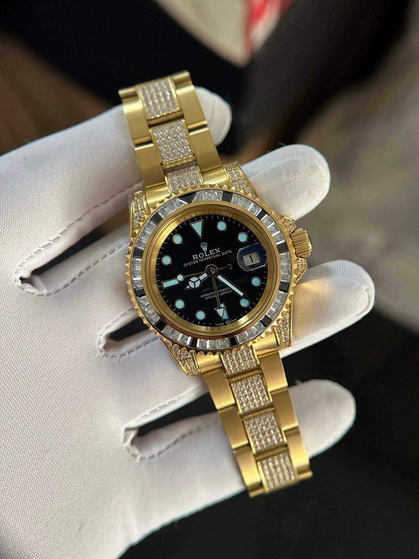Rolex GMT-Master II Replica Watch With Full Diamond Black Dial 40mm Clone