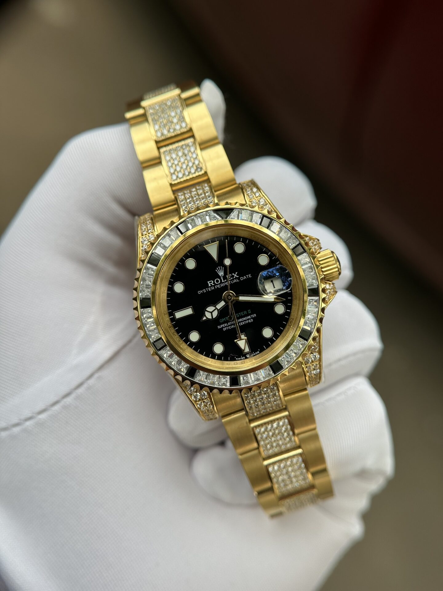 Rolex GMT-Master II Replica Watch With Full Diamond Black Dial 40mm Clone
