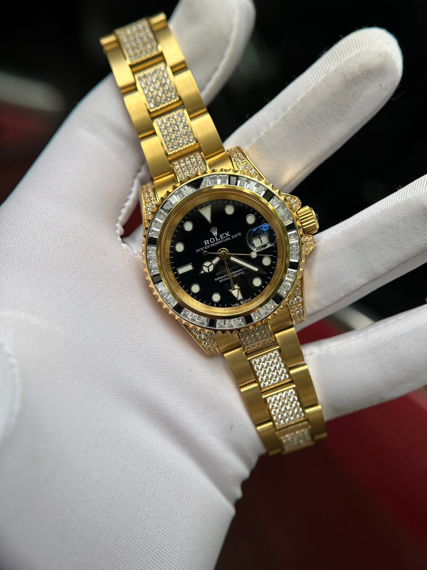 Rolex GMT-Master II Replica Watch With Full Diamond Black Dial 40mm Clone