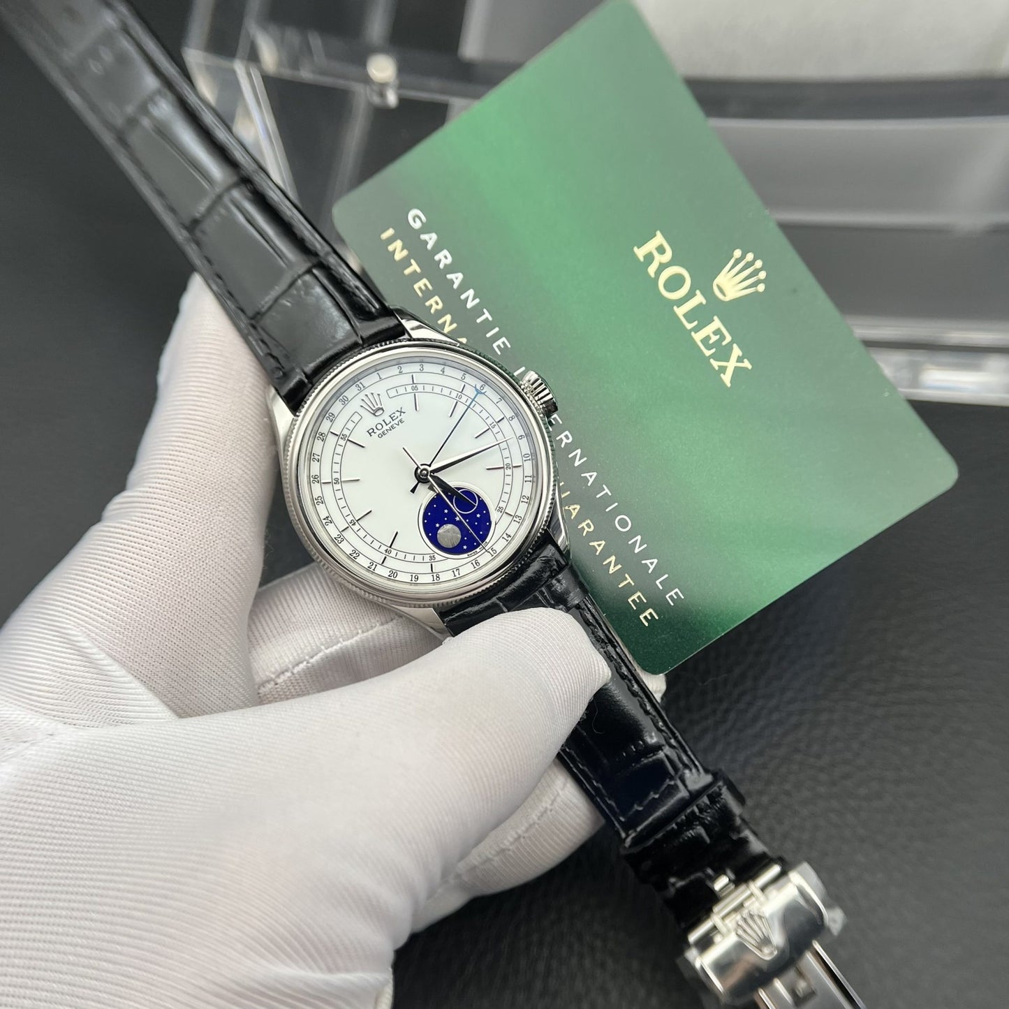 Rolex Moonphase 50535 Replica Watch Black Leather Strap 39mm Clone