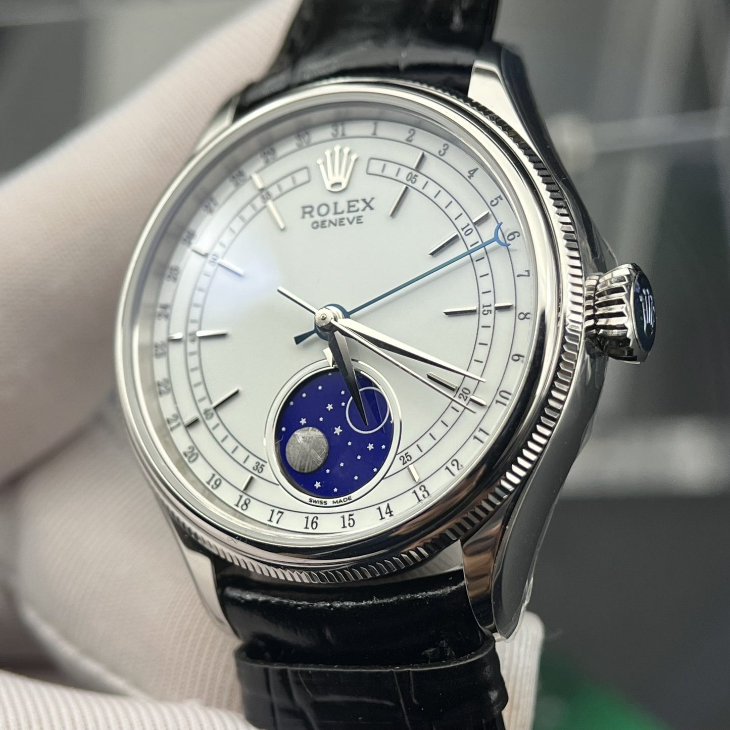 Rolex Moonphase 50535 Replica Watch Black Leather Strap 39mm Clone