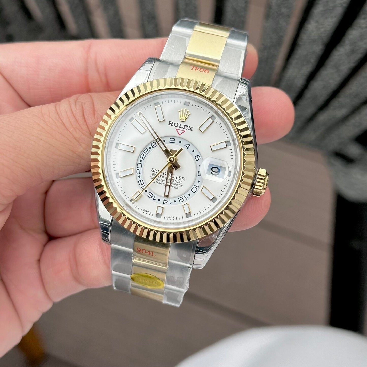 Rolex Sky-Dweller Replica Watch White Dial Demi Oyster Strap Noob Factory 41mm