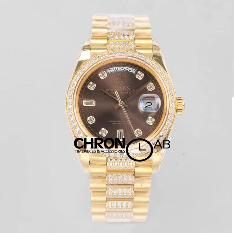 Day-Date 36 128348RBR Brown Dial with Diamond Bezel in Yellow Gold