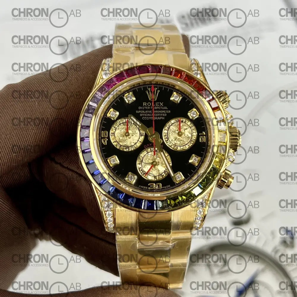 Rolex Best Replica Watch Daytona Rainbow Gold Wrapped And Moissanite Diamond Custom 40mm Watches