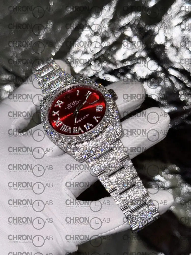 Rolex DateJust Supreme Custom Moissanite Diamonds Red Dial 41mm Clone Watches