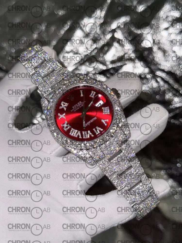 Rolex DateJust Supreme Custom Moissanite Diamonds Red Dial 41mm Clone Watches