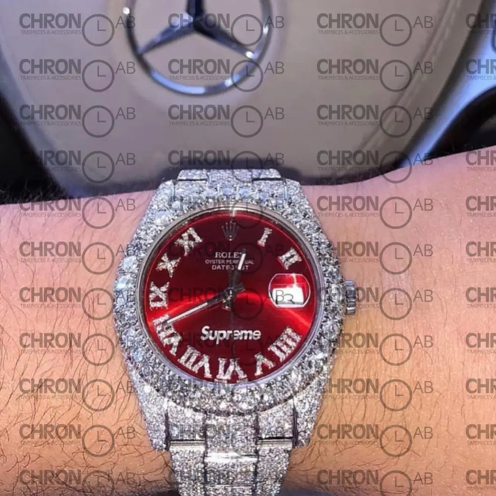 Rolex DateJust Supreme Custom Moissanite Diamonds Red Dial 41mm Clone Watches
