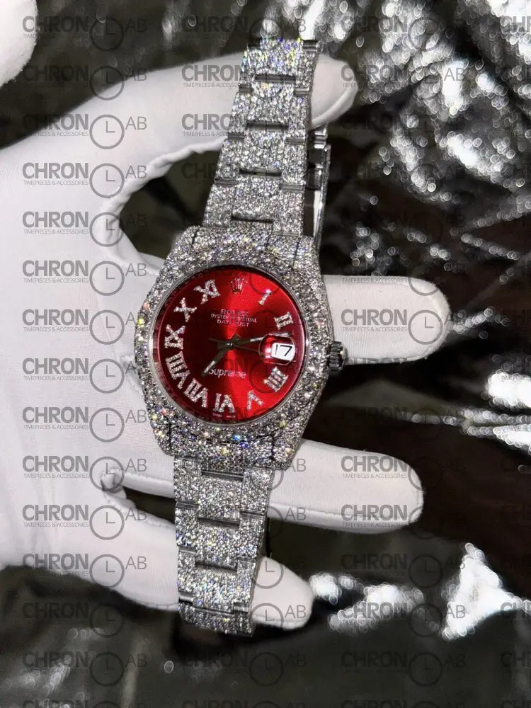 Rolex DateJust Supreme Custom Moissanite Diamonds Red Dial 41mm Clone Watches
