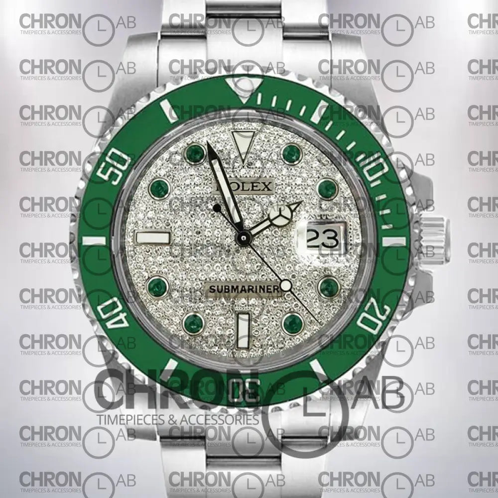 Submariner 116610 Men’s 40mm Diamond Paved Dial Silver Clone Watches