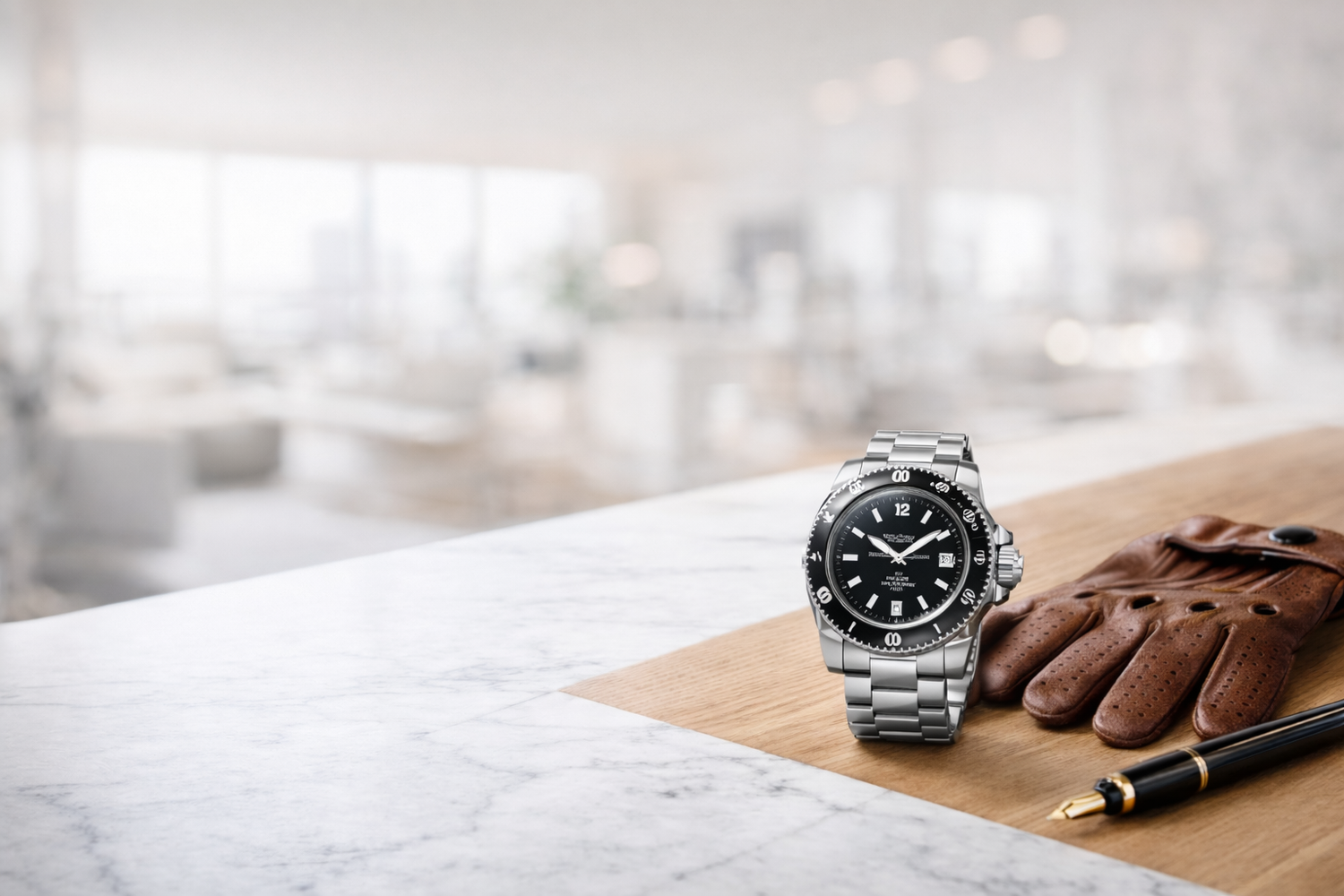 Luxury watch collection banner with a Clean Factory Submariner, leather gloves, and a fountain pen on marble and oak wood surface