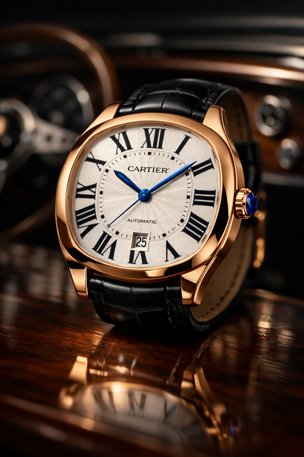 Πολυτελές ρολόι Drive de Cartier σε ροζ χρυσό 18k με καφέ λουράκι αλιγάτορα και μπλε δείκτες