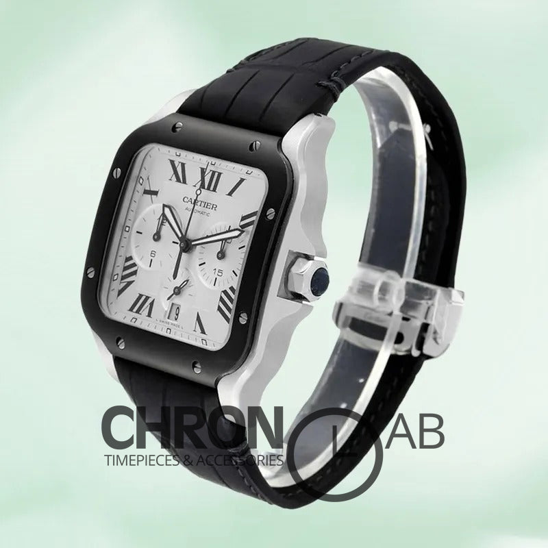 Santos Men’s WSSA0017 43mm Leather Strap Silver Chronograph
