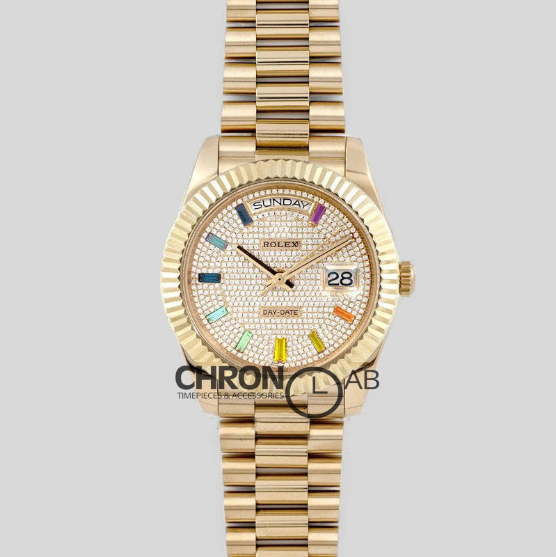 Day-Date 40 Yellow Gold Diamond Paved Rainbow