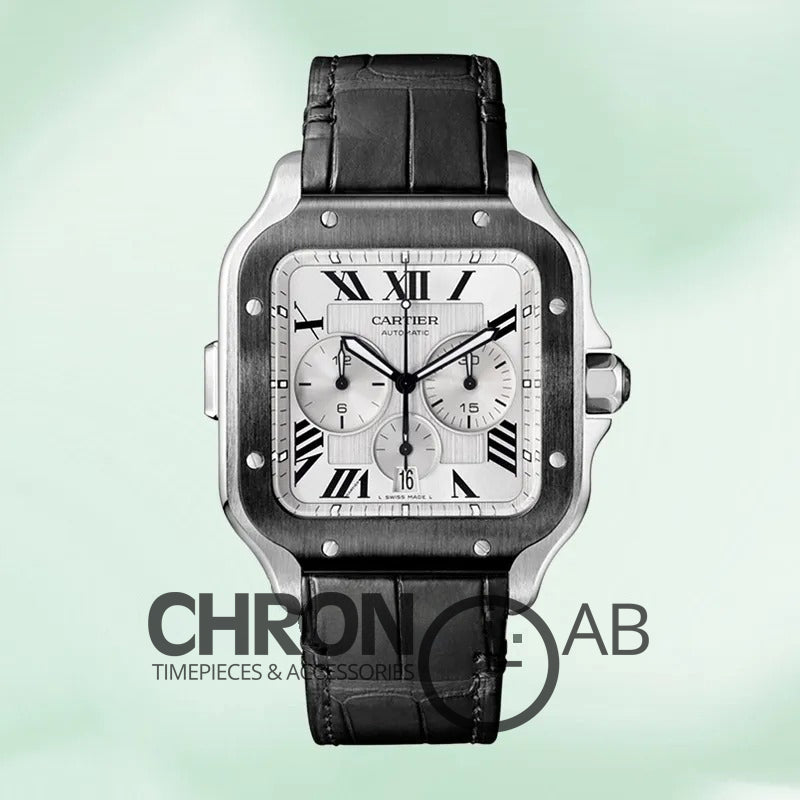 Santos Men’s WSSA0017 43mm Leather Strap Silver Chronograph