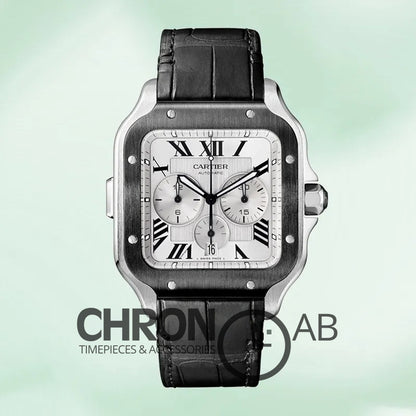 Santos Men’s WSSA0017 43mm Leather Strap Silver Chronograph