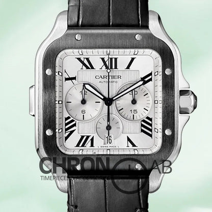 Santos Men’s WSSA0017 43mm Leather Strap Silver Chronograph