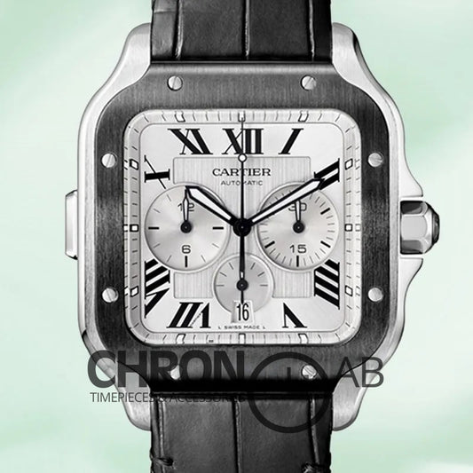 Santos Men’s WSSA0017 43mm Leather Strap Silver Chronograph