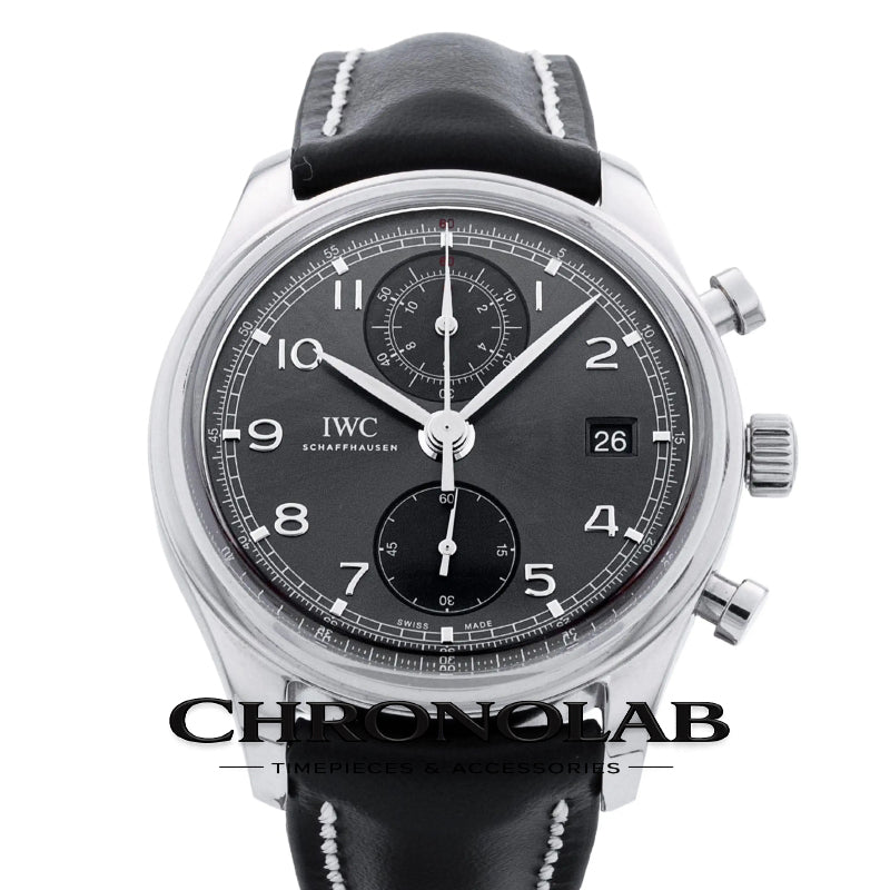 IWC Portuguese Chronograph Classic IW390404 stainless steel luxury watch with Ardoise grey sunray dial and black alligator strap.
