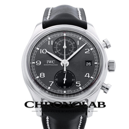 IWC Portuguese Chronograph Classic IW390404 stainless steel luxury watch with Ardoise grey sunray dial and black alligator strap.