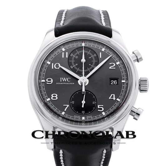 IWC Portuguese Chronograph Classic IW390404 stainless steel luxury watch with Ardoise grey sunray dial and black alligator strap.