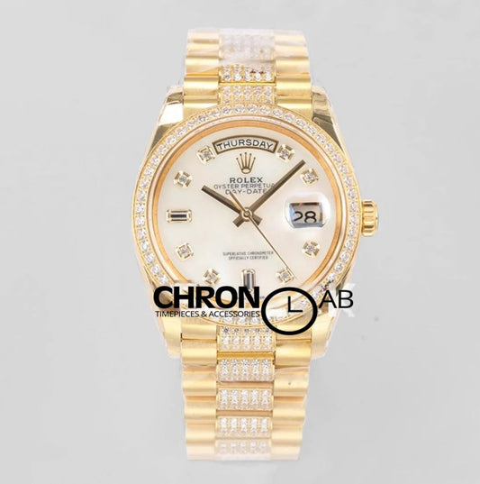 Day-Date 36 128348RBR MOP Dial with Diamond Bezel in Yellow Gold
